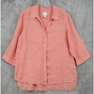 Chicos Blouse 2 US Large Linen Button Down High Low Hem Boho Relaxed Peach Pink
